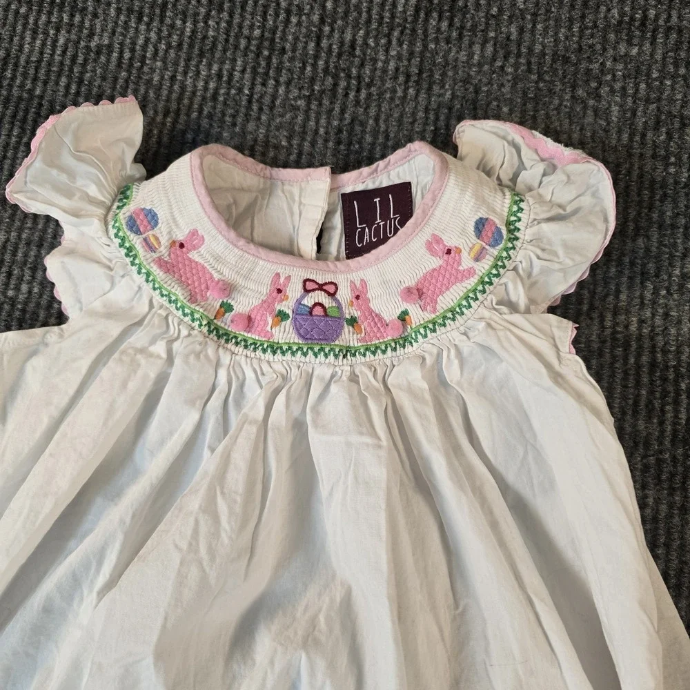 LIL CACTUS Smocked Dress Bunnies &‎ Basket WHITE & PINK Baby Size 6Y